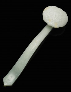 A White and Russet Jade ‘Longevity’ Ruyi sceptre, Qing Dynasty, Qíanlong period (estimate £100,000-150,000).