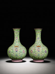 Lime-Green Ground Famille-Rose Vases Jiaqing Sea| Marks (£200,000-300,000).