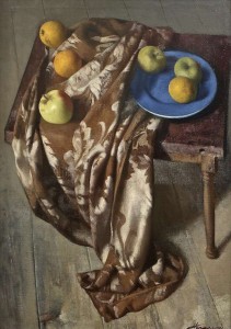 Patrick Hennessy RHA (1915-1980) Brocade and Fruit,  Guildhall Galleries, Chicago label verso (6,000-8,000)