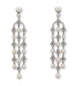 A pair of diamond and natural pearl pendant earrings (7,000-10,000)