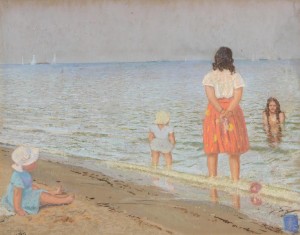 Patrick Leonard HRHA (1918-2005) Hilary and the Kids at the Beach  (1,500-2,500).