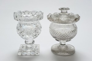 Two Waterford glass jars and one cover (£180-220) 