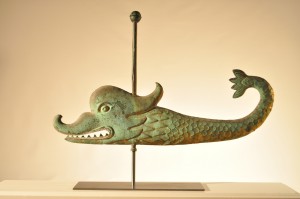 Olde Hope Antiques, Inc. Dolphin Weathervane. American, c. 1880. Molded copper with an exceptional verdigris surface, retaining traces of original gilding. 39 in. l.