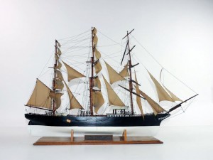 A handmade model of Caliph, a clipper ship designed for the China tea trade launched in 1869 which disappeared on a voyage to Shanghai in 1872 (180-220).