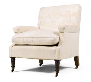 WINSTON CHURCHILL’S ARMCHAIR Mahogany and upholstered later upholstered in white silk damask, with stained rear legs ending in brass cappings and castors, with a label printed Knight, Frank & Rutley Made circa 1880. (£3,000-5,000).