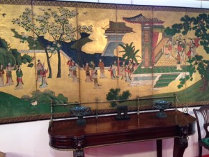 An early 19th century hand painted Chinese six panel screen priced 8,500 at John Carroll.