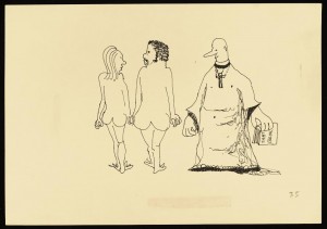 LENNON, JOHN Untitled illustration of a vicar gazing at a naked couple ($10,000-15,000).  © All rights of reproduction reserved to the Estate of the late John Lennon.