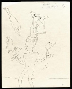 LENNON, JOHN Untitled illustration of a boy with six birds ($12,000-15,000) © All rights of reproduction reserved to the Estate of the late John Lennon.
