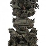 PAIR  OF LARGE 19TH CENTURY MEIJI PERIOD JAPANESE BRONZE SCULPTED TIERED VASES.