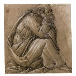Study for a seated St. Joseph, his head resting on his right hand Pen and brown ink heightened with white over black chalk, on beige-pink washed paper. Squared in black chalk for transfer (£1-1.5 million).