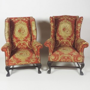 Two 19th century wing back  armchairs by Butler of Dublin  estimated (l) 650-900 and (r) at 800-1,200.