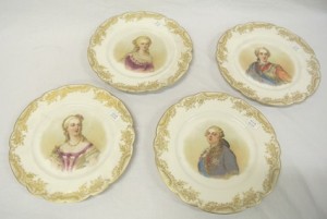 Four Sevres plaques depicting King Loius XVI, Marie Antoinette, Louis XV, and Mme du Barry bearing 1846 stamp and ‘Chateau de Versailles’ crest 