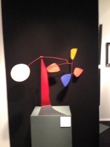 Double Dated by Alexander Calder dates from both 1974 and 1973.   Its presentation against a black wall in a studio space on the stand of Barcelona Gallery Manuel Barbie is magnificent.  The price is undisclosed.