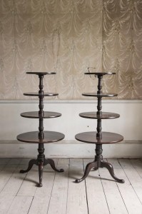 A pair of George III Irish dumb waiters c1780 at the stand of antique dealer and interior consultant Edward Hurst. (Provenance - Lord Kilmaine, Gaulstown House, Co. Westmeath).