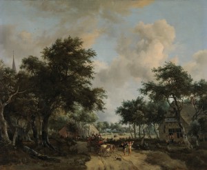 Meindert Hobbema - Wooded Landscape with Merrymakers in a Cart.