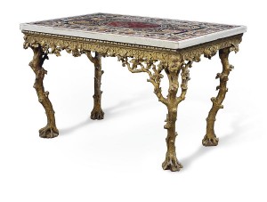 An Italian specimen marble table top on an Irish George II giltwood stand.  Courtesy Christie's Images Ltd., 2014.