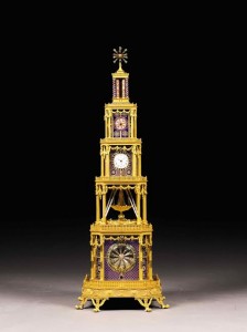 The Swan Clock for the Chinese Emperors A George III ormolu, Geneva enamel and paste-set musical automaton quarter striking tower clock for the Chinese market, London, circa 1790,
