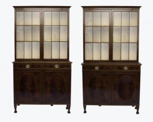 Niall Mullen Antiques: Pair of Irish inlaid mahogany book cases by James Hicks : Signed : Date 1930 : €28,500. 