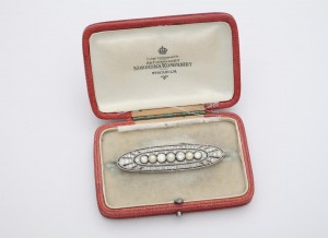 A rare Edwardian natural pearl and diamond brooch in original case, Swedish, maker Nordiska Compania, signed, circa 1910 at Courtville Antiques
