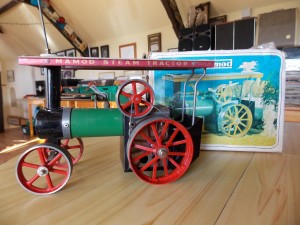A Mamod Steam Tractor in its original box from dealer Alex Chamberlain 
