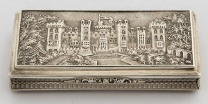 A snuff box chased with a view of Windsor Castle, Nathaniel Hills, Birmingham 1838 (1,500-2,200).