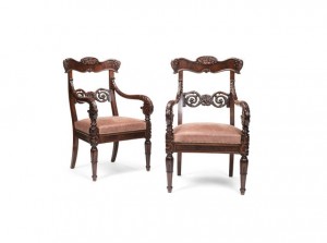 A pair of Irish George IV mahogany open armchairs.