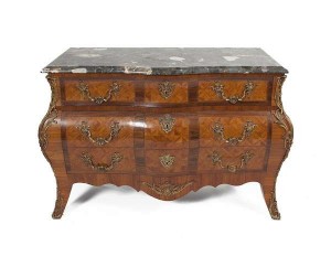 A 19th century French kingwood and parquetry bombe commode (1,000-1,500).