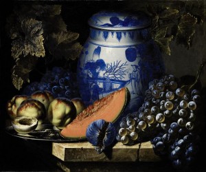 Pierre-Antoine Lemoine Still life with dish of peaches, grapes and chinese potiche on a stone ledge (150,000-200,000).