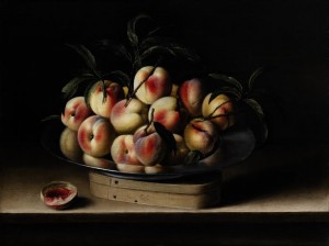 Louise Moillon Still life with peaches in a pewter charger, on a shaving wood box Signed and dated on the box Louyse Moillon 1634 (400,000-600,000).