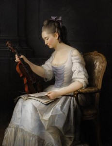 Anne Vallayer-Coster Portrait of a sitting woman with a violin Signed and dated Melle Vallayer / 1773 (300,000-400,000).