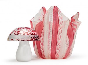 Mushroom paperweight, Kings Lynn c1967, Venini Latticino handkerchief vase  c1950