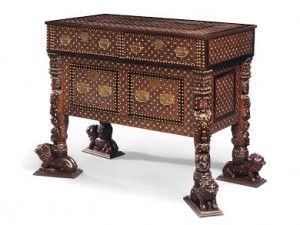 AN INDO-PORTUGUESE BRASS-MOUNTED, EBONY AND IVORY-INLAID CEDAR, ROSEWOOD, CALAMANDER AND MARQUETRY CHEST GOA, LATE 17TH / EARLY 18TH CENTURY (£20,000-30,000).