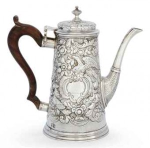  Later chased Dublin Geo II Coffee Pot by William Williamson 1745.