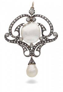 An Art Nouveau pearl and diamond pendant (5,000-8,000).