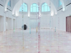 Karla Black, Practically in Shadow, 2013, Plaster powder, powder paint, florist foam, bath bombs, nail varnish, polythene, thread, cellophane, sellotape. Hanging element: 840 x 870 x 80 cm Floor element: 160 x 1200 x 670 cm. Overall dimensions variable. Installation view, Institute of Contemporary Art, University of Pennsylvania, 2013. Photo: Aaron Igler/ Greenhouse Media