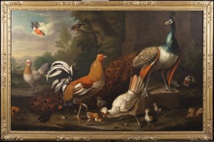CHARLES COLLINS  1680 - 1744 A Peacock, a Gamecock, Three Tufted Hens with Chicks and other Birds, including a Bullfinch, in a Landscape 