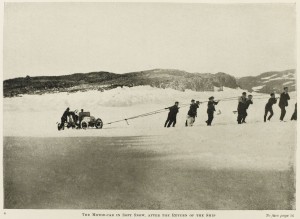 The motor car in soft snow after the return of the ship. (Taken during the British Antarctic Expedition 1907-1909.