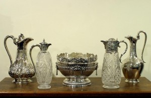 A selection of antique silver mounted claret jugs.