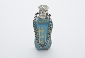 Antique French turquoise glass silver topped scent bottle with gold overlay c1880 (495 at Courtville Antiques)