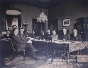 The 1922 Constitution committee photograph: Left to Right:- R.J.P. Mortished (Secretary); John O'Byrne, B.L.; C.J. France; Darrell Figgis (Acting Chairman) ;Ned Stephens, B.L. (Secretary); P.A. O'Toole, B.L. (Secretary); James Mac Neill (sic); Hugh Kennedy, K.C.; James Murnahan (sic), B.L.; James Douglas; 