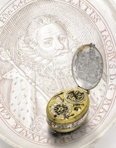 The Royal oval astronomical watch with an engraved portrait of King James I made by David Ramsay circa 1618.