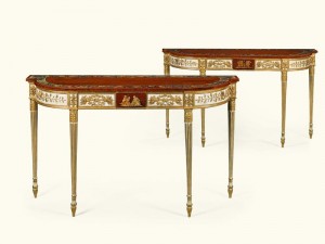 A pair of George III painted and parcel gilt satinwood pier tables c1795 which adorned the Blue Room of the White House between 1972 and 2002 (£100,000-150,000).