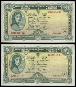 A pair of war coded 1943 £1 notes.