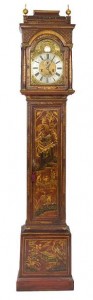 An 18th century red chinoiserie lacquered long case clock by James Defontaine, London c1735 (3,000-4,000).