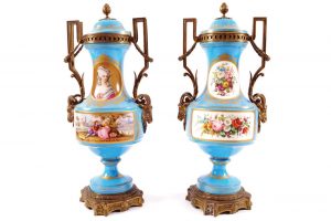 A pair of large 19th century ormolu mounted Sevres urns.