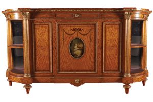 A 19th century ormolu mounted satinwood, marquetry and painted side cabinet (12,000-18,000)