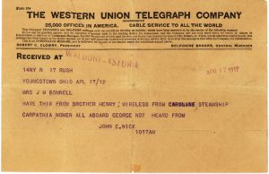 Example of one of ten telegrams sent after the sinking of the Titanic from survivors or relatives