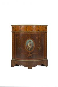 GEORGE III INLAID AND PAINTED SYCAMORE BOWFRONT SIDE CABINET, in the manner of Mayhew and Ince (£15,000-20,000)
