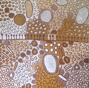 A contemporary work interpreting the Songlines traced by women making their way to the  Western Desert Ancestral site of Munni Munni by Marlene Young Nungurrayi, born 1971 ( £7000 from Arjmand Aziz, specialist in Australian indigenous art)