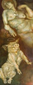 A large painting by Ashley Laurence titled “Angel Pig,” painting, name given by Gail Zappa. ($3,000-$5,000).